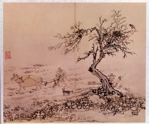 Art coreen: scene de pløjning. Tryk af Kim Hong-do (Kim Hong Do) eller Danwon (1745-ca. 1806)