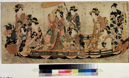 Beundre kirsebærblomsterne (Hanami) (Cherry Blossom Viewing, Hanami). Tryk af Kitagawa Utamaro II (?-1831). Farveætsning, 37 x 76 cm. østlig kunst. Pushkin Museum, Moskva