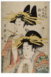 To kurtisaner med en skriftrulle, Edo-perioden, ca. 1790-1804 (træsnit på papir)