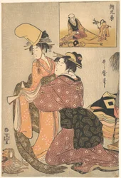 En kvinde klæder en pige på til kabuki-dansen „Musume Dōjōji“ med et „broderbillede“ (E-kyōdai) af en abetræner