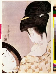 En kvinde pudrer sin nakke i skyggen. Japansk tryk af Kitagawa Utamaro (1753-1806). 0,37 x 0,22 m. 1795-1796. Paris, Musée Guimet, Nationalmuseet for asiatisk kunst