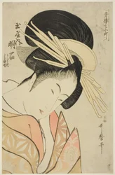 Akashi of the Tamaya, fra serien Seven Komachis of Yoshiwara (Seiro nana Komachi) (Tamaya uchi Akashi, Uraji, Shimano), ca. 1794-95 (farvetræsnit; oban)