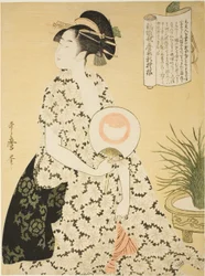 Beauty Wearing a Summer Kimono, fra serien "New Patterns of Brocade Woven in Utamaro Style" ("Nishiki-ori Utamaro-gata-shinmoyo")