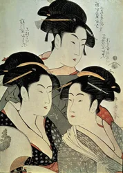 Nærbillede af et maleri af tre kvinder, Kitagawa Utamaro, Kansei-æraen, Japan