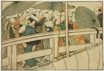 Crossing a Bridge in Summer, fra den illustrerede bog "Picture Book: Flowers of the Four Seasons (Ehon shiki no hana)," vol. 1