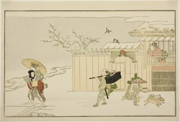 Levering af nytårsgaver i sneen fra den illustrerede kyoka-antologi "The Young God Ebisu (Waka Ebisu)"