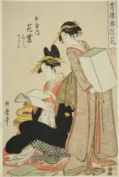 Hanamurasaki of the Tamaya, (kamuro:) Shirabe, Teriha, Flowers fra serien Snow, Moon and Flowers in Yoshiwara (Seiro setsugekka) (Tamaya uchi Hanamurasaki, Shirabe, Teriha)