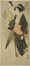 Mand og kone fanget i et aftenbruser (Fufu no Yudachi), fra serien "Three Evening Pleasures of the Floating World" ("Ukiyo San Seki")