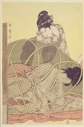 Mor ammende baby under myggenet, ca. 1795