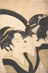 Naniwa Okita beundrer sig selv i et spejl, ca. 1790-95.