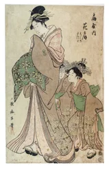 Oiran med to Kamuro, Edo-perioden, ca. 1790 (træsnit på papir)