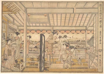 Billede af de midlertidige boliger i det nye forlystelseskvarter Yoshiwara i Ryōgoku (Shin Yoshiwara Karitaku Ryogoku no zu)