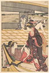 Fornøjelsesselskaber i både på Sumida-floden under Ryōgoku-broen
