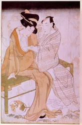 Repræsentation af et japansk par, der stryger hinanden på en bænk. Tryk af Utamaro Kitagawa (1753-1806). Svag. 0,38x0,245 m. Paris, Muse Guimet, Nationalmuseet for asiatisk kunst