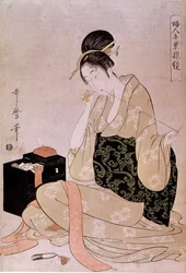 Syning, serie om kvinders håndarbejde: en syerske, der klipper tråden over med tænderne. Japansk tryk af Utamaro Kitagawa (1753-1806). Mål: 0,37x0,26 m. 18. århundrede. Paris, Guimet-museet, Nationalmuseet for Asiatisk Kunst