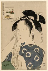 Asahiya-enken, fra serien "Kendte skønheder sammenlignet med de seks udødelige digtere" ("Komei bijin rokkasen")