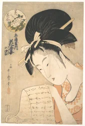 „Kurtisanen Hanazuma læser et brev“, fra serien „Skønheder sammenlignet med blomster“ (Bijin hana awase)