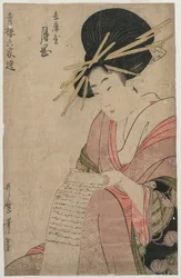 Courtesanen Tsukioka fra Hyogoya ruller et brev, slutningen af 1790
