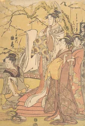 Oiran Hinazuru fra Chojiya stod på en bunke med futon, ca. 1794.