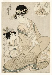 Kurtisanen Takigawa og hendes ledsager fra Ogiya i hentydning til digteren, 1800-02 (træblok)