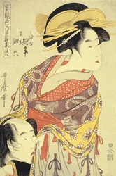 De elskende Miuraya Agemaki og Yorozuya Sukeroku (oban fra Jitsu kurabe iro no minakami) , ca. 1798-1799 (farvetræsnit)