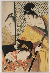 Den unge samurai, Rikiya, med Konami og Honzo delvist skjult bag døren, anden akt af "Chushingura"