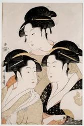 Tre skønne i vor tid. Japansk tryk af Utamaro Kitagawa (1753 - 1806) stil Ukiyo-E, ca. 1794. Paris, Musee Guimet