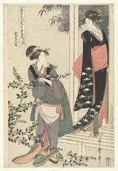 To kvinder ved en blomstrende yamabuki-busk: anden akt. Nidanme (titel på objekt) Parodi på Chushingura af berømte skønheder. (serietitel) Komei bijin mitate Chushingura (serietitel på objekt)