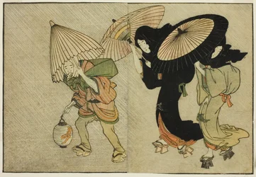 To kvinder og ledsager fanget i en storm, fra den illustrerede bog "Picture Book: Flowers of the Four Seasons (Ehon shiki no hana)," vol. 2