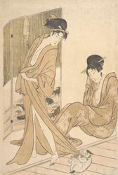 To unge kvinder pakket ind i Yukata efter et bad, ca. 1796.