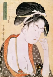 Kvinde, der har lyst til læberne Japansk print af Utamaro Kitagawa (1753-1806). 1700-tallet. Paris, Guimet Museum, Asian Arts Museum