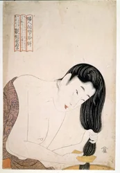 Kvinde maler sig selv. sd. Kunstværk af Utamaro KITAGAWA (1753-1806).