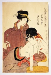 Kvinde vasker sig, omkring 1803, illustration af Kitagawa Utamaro (1753-1806) fra Hana Awase Kesho Kurabe, Aiban-tate-e træsnit, japansk civilisation, Edo-periode