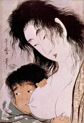 Yamauba og Kintaro: Det gamle japanske tryk af Utamaro Kitagawa (1753-1806). Sol. 0,37x0,25 m. 1801-1803. Paris, Guimet-museet, Nationalmuseet for asiatisk kunst