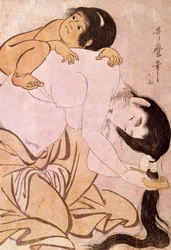 Yamauba og Kintoki Moderen reder sit hår, mens hun bærer sit barn på ryggen. Japansk tryk af Utamaro Kitagawa (1753-1806). 1700-tallet. Paris, Guimet Museum, Asian Arts Museum