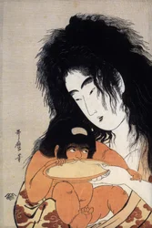 Yamauba og hendes søn Kintaro, japansk frimærke, ca. 1804-05 (tryk)