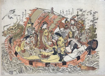 Sept Divinites du Bonheur - Seven Lucky Gods par Kitao, Shigemasa (1739-1820), Mellem 1775 og 1780 - Farve linosnit, 32,6x46,1 - Privat samling