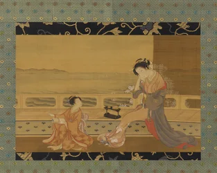 To piger på en balkon med udsigt over havet, Edo-perioden, 1739-1820.