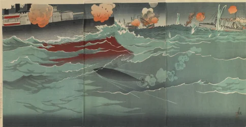 Vores torpedo rammer et russisk krigsskib i det store søslag ved Port Arthur, Meiji-perioden