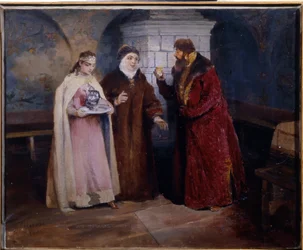 At vælge en brud. På Domostroi-tiden (1500-tallet) fremsætter en mand sit frieri til en ung piges mor, som bærer en karaffel på en sølvbakke. Maleri af Klavdi Vasilyevich Lebedev (1852-1916), olie på