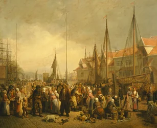 Fiskemarked i Bergen af Knud Bergslien, Norge 1800-tallet