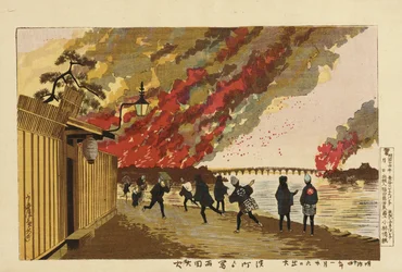 Storbrand i Ryōgoku, skitseret fra Hamachō, 26. januar 1881