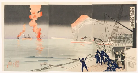 Hurra for den store sejr for flåden i det store Japan i søslaget ved Incheon mellem Japan og Rusland