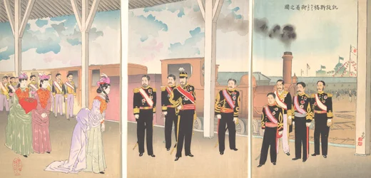 Illustration af kejserens ankomst til Shinbashi Station efter en sejrrig hjemkomst, 1895.