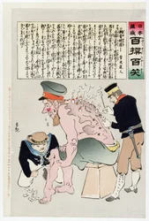 Russisk soldat får sine sår behandlet af japansk militærpersonel, udgivet 1905 (farvetræsnit)