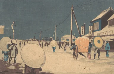 Gadescene i udkanten af Edo på en aften om vinteren, ca. 1878.
