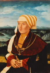 Portræt af Dorothea von Stralenburg, 26 år gammel, i trekvart figur, i en rød og sort kjole med guldornamenter, foran et vidtstrakt landskab, 1533