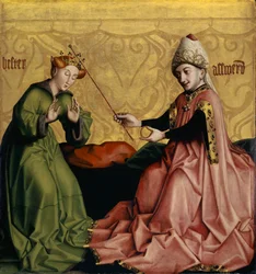 Esther foran Ahasverus fra Heilspiegel-altertavlen, ca. 1435 (blandede medier på egetræspanel)