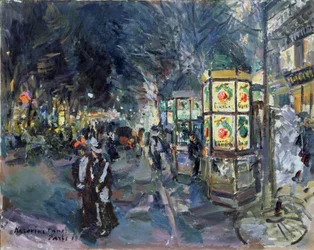 Parisian Boulevard om natten (Parisan Boulevard om natten). Beskrivelse af animationen i hovedstaden med vandrere, reklamekiosker (Morris-søjler), træer og belysning. Maleri af Konstantin Alexeyevich Korovin (Constantin Korovin) (1861-1939)