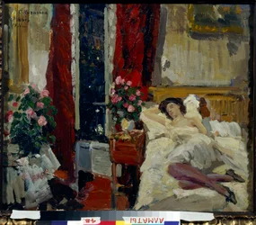 "In the room" (In the room) ung kvinde i negligé liggende i en seng Maleri af Konstantin Alexeyevich Korovin (Constantin Korovin) (1861-1939) 1911 - Olie på lærred Dim 54x65 cm Statens kunstmuseum i Kasakhisk Republik, Almaty